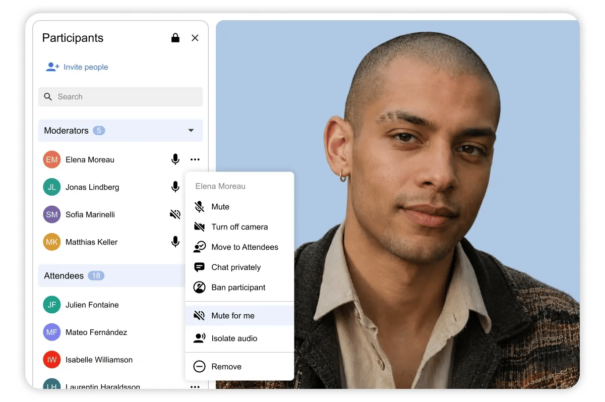Participant list with a local mute menu open, beside a video tile. The people in this image are AI-generated.