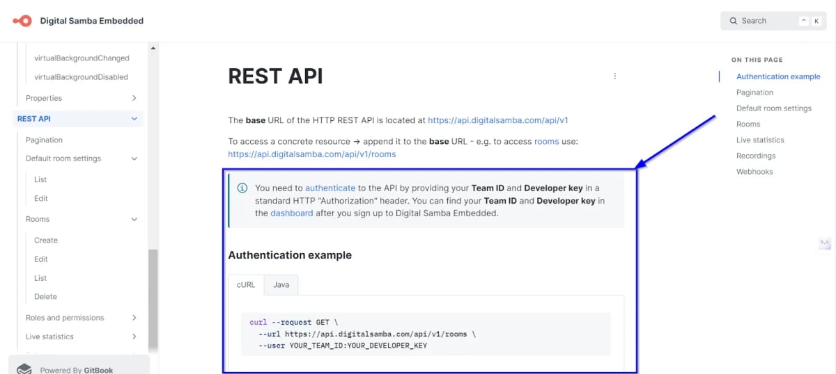 Digital Samba REST API Authentication documentation