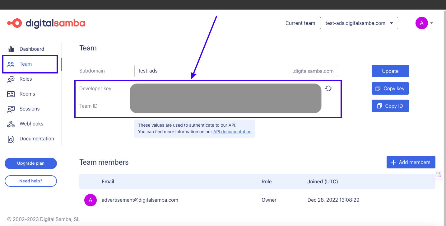 dashboards Team option - Digital Samba