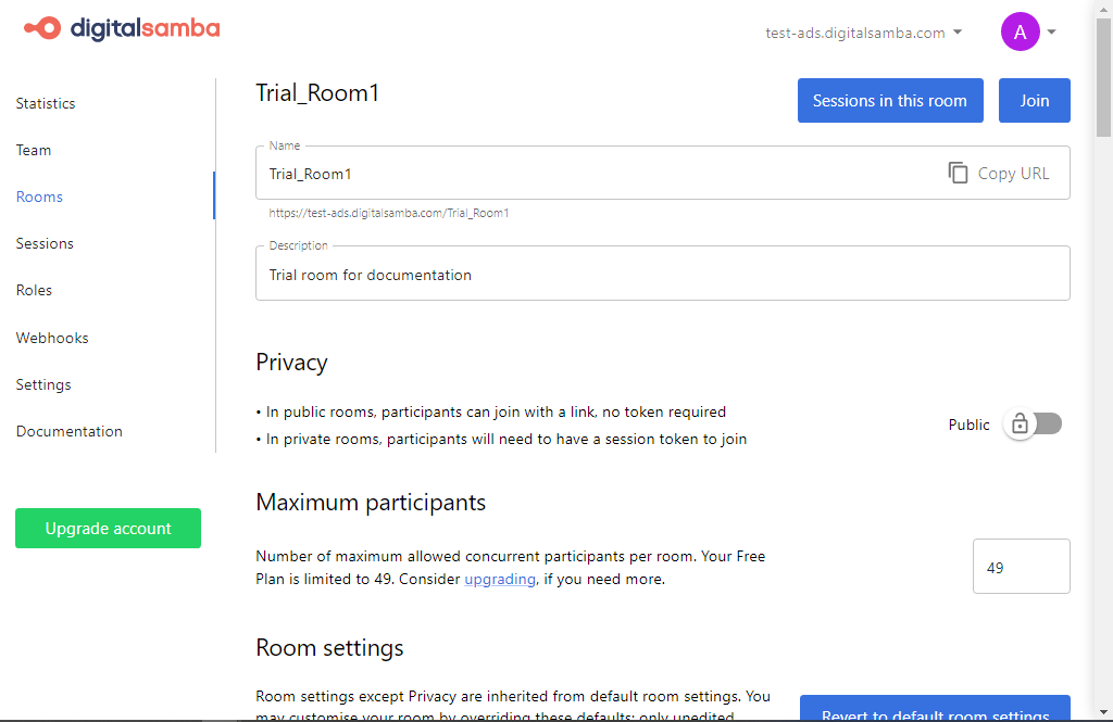 customise the settings for your Digital Samba room