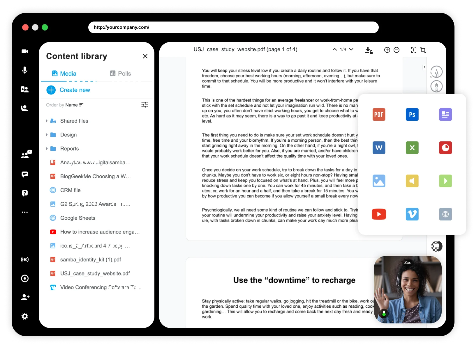 Content library and file sharing by Digital Samba - video conferencing software, webinar software