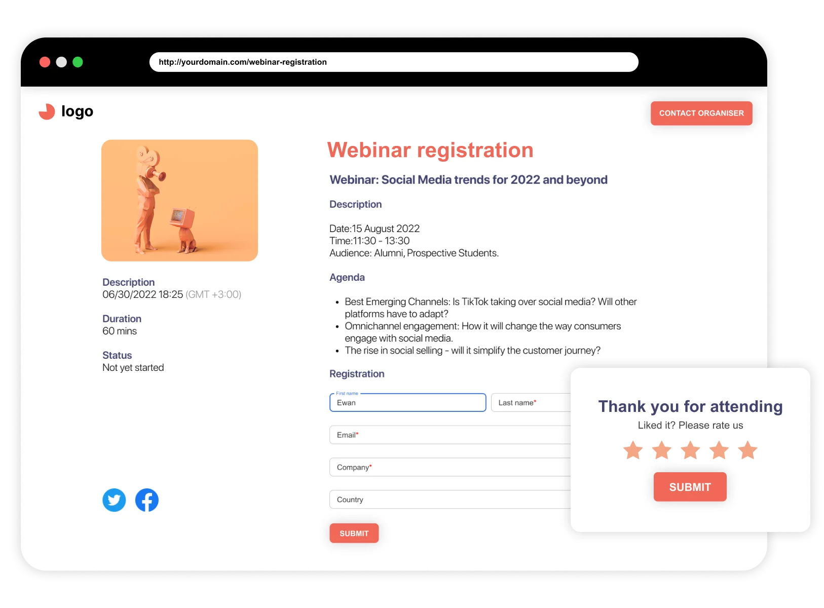 Video conferencing platform - Digital Samba - Webinar Software and Event Platform with Landing pages and Thank you pages, webinar registration page template