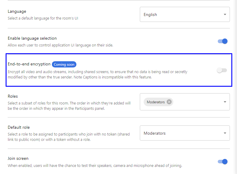 click the toggle to enable E2EE - Digital Samba